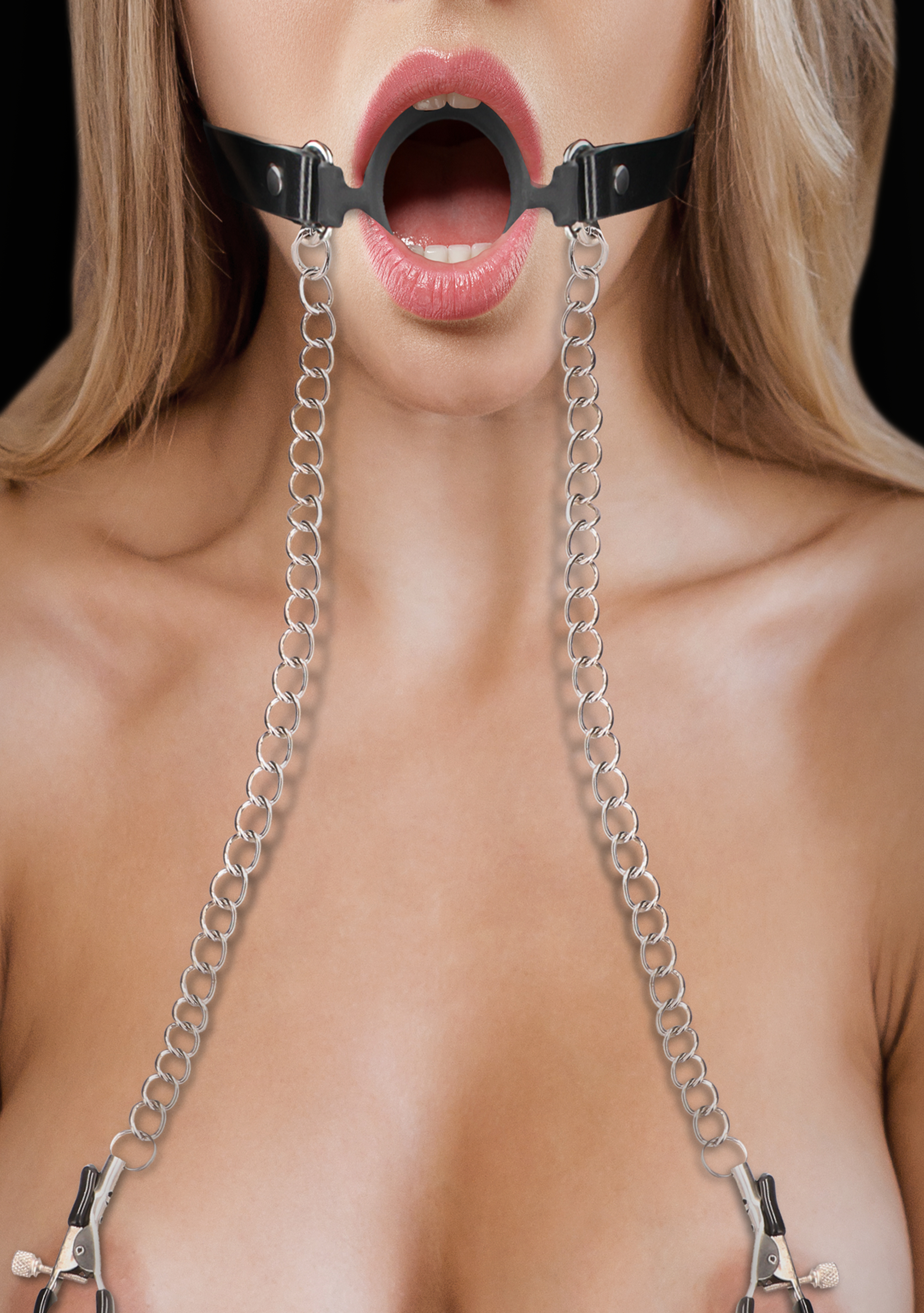 Кляп-кольцо на металлической цепочке с зажимами для сосков O-Ring Gag With Nipple Clamps