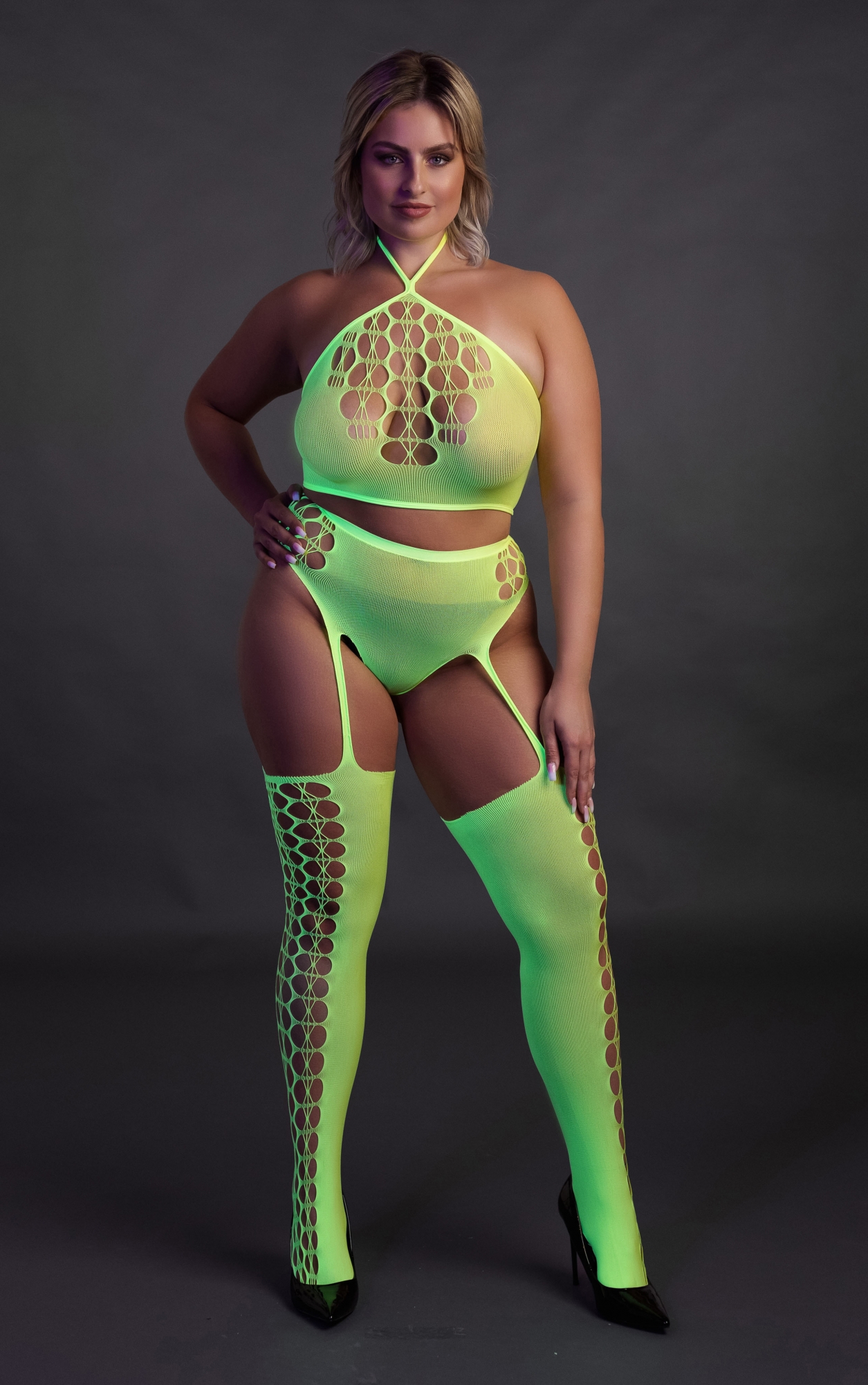 Топ в комплекте с чулками и трусами Two Piece with Crop Top and Stockings - Green - XL/XXXXL