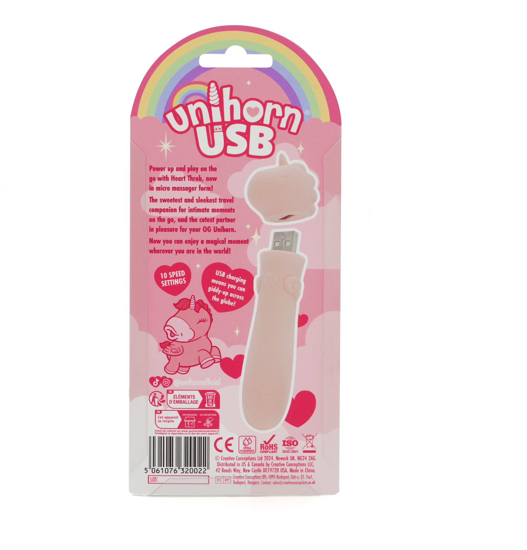 Вибропуля Unihorn USB - Heart Throb, светло-розовый